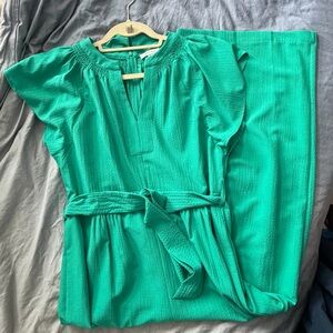 Aqua Green Textured Flutter Sleeve Pantsuit